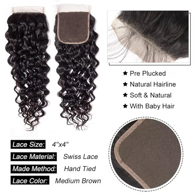 Water Wave Bundles with Closure Human Hair(20 22 24 26+18,Free Part)12A Brazilian Virgin Hair Bundles and Closure 100% Unprocessed Water Wave Human Hair Bundles with 4x4 Lace Closure Natural Color