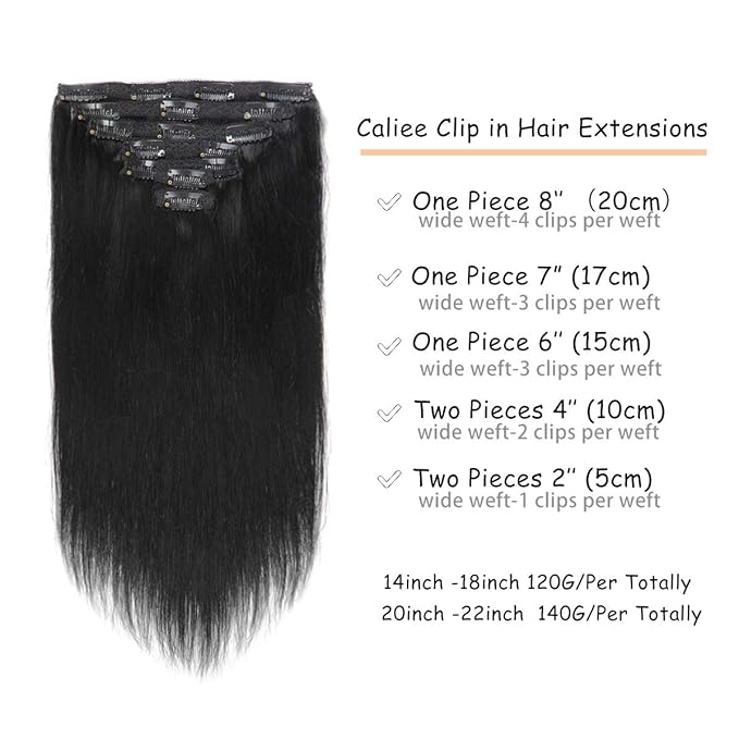 Caliee Clip-in Hair Extensions - 20Inch Human Hair, Black, Double Weft, 7Pcs, 140g