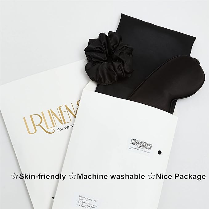 Black Satin Pillowcase for Hair and Skin, Vegan Silk Pillowcase Set-2 Satin Pillowcases, 1 Eye Mask, 1 Scrunchie-Luxury Sleep Set, Silky Standard Satin Pillow Cases with Envelope Closure