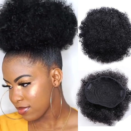 Real Human Hair Afro Kinky Curly Puff Drawstring Ponytail High Puffs Drawstring Bun 2 Clips in Hairpieces Updo Donut Chignon Short Curly Hair for Black Women (6 inch)