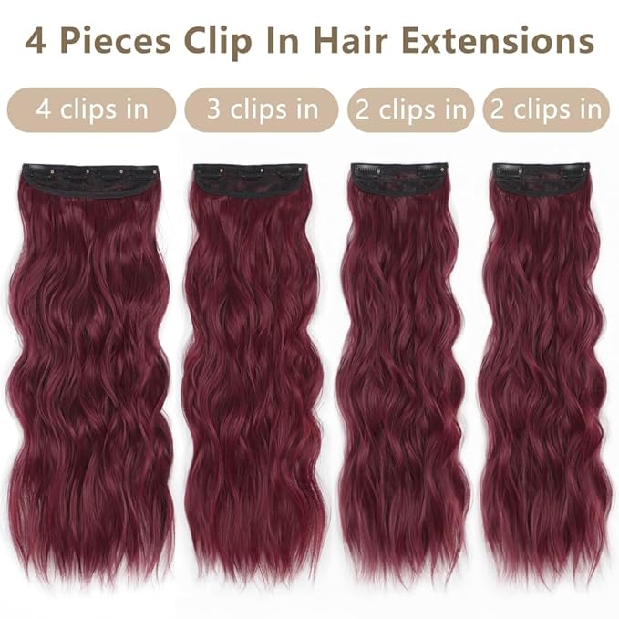 ALXNAN Clip in Long Wavy Synthetic Hair Extension 24 Inch Burgundy 4PCS Thick Hairpieces Fiber Double Weft Hair for Women