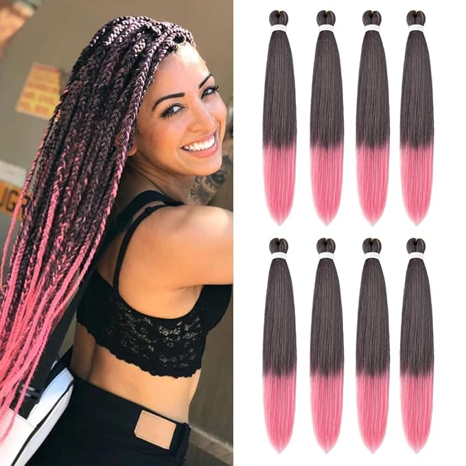 8 Pack Ombre Braiding Hair Pre Stretched - 26" 100G/Pack Premium Pre Stretched Braiding Hair Extensions, Professional Itch Free Hot Water Setting Perm Yaki Texture Prestretched Hair(1Bpink)