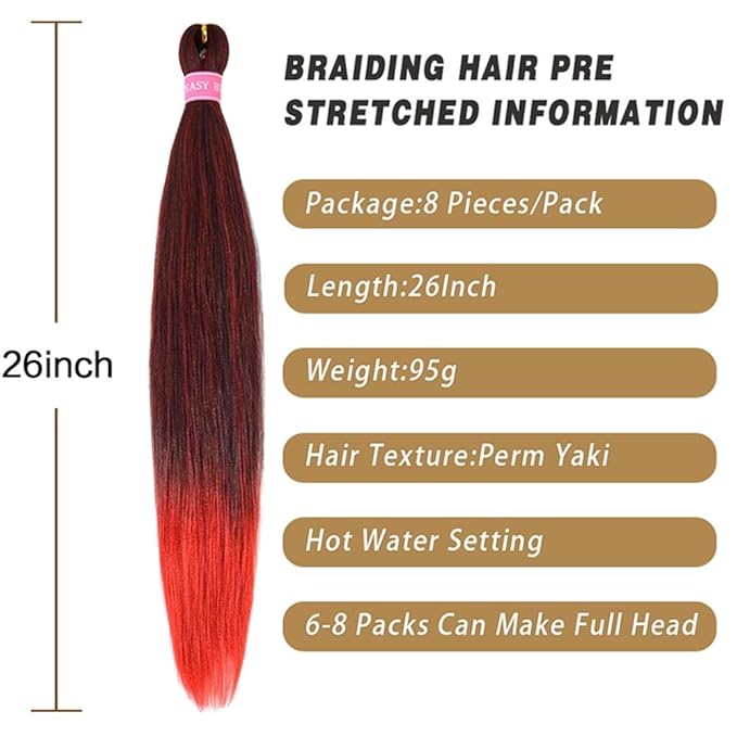 AQINBEL Braiding Hair 26 Inches 8 Bundles/Packs Crochet Twist Pre Stretched Braiding Hair for Braids Yaki Straight Texture Ombre Braiding Hair Extensions for Women(Black/Red)