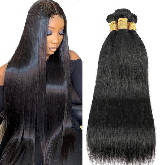Brazilian Straight Human Hair Bundles 10A 100% Unprocessed Straight Virgin Weave 3 Bundles 12 14 16inch Raw Sew in Human Hair Bundles Deals Natural Black for Woman