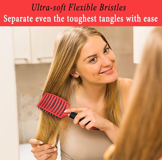KTKUDY Detangling Brush Boar Bristles Hair Brush Make Hair Shiny & Healthier Curved and Vented Detangler Brush for Women Men Kids Wet and Dry Hair (Red)