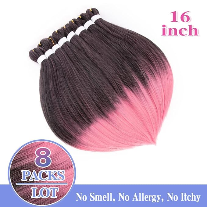 8 Pack Ombre Braiding Hair Pre Stretched - 16" 55G/Pack Premium Pre Stretched Braiding Hair Extensions, Professional Itch Free Perm Yaki Texture Prestretched Hair(1Bpink)