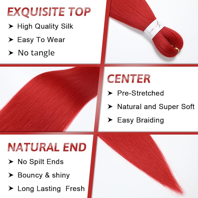 Umylar Red Braiding Hair Extensions 16 Inch Pre stretched Braiding Hair Hot Water Setting Synthetic Braiding Hair Pre Stretched Crochet Braids Hair(16 Inch,3 Packs,Red#）