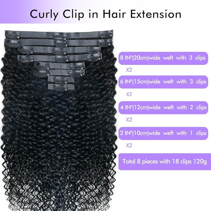 Seamless 3C 4A Kinky Curly Clip In Extension PU Weft Curly Clip in Extension Human Hair Clip Ins Full Head for Black Women Brazilian Remy Human Hair Natural Color 8Pcs with18clips 120g/Set (24 inch)