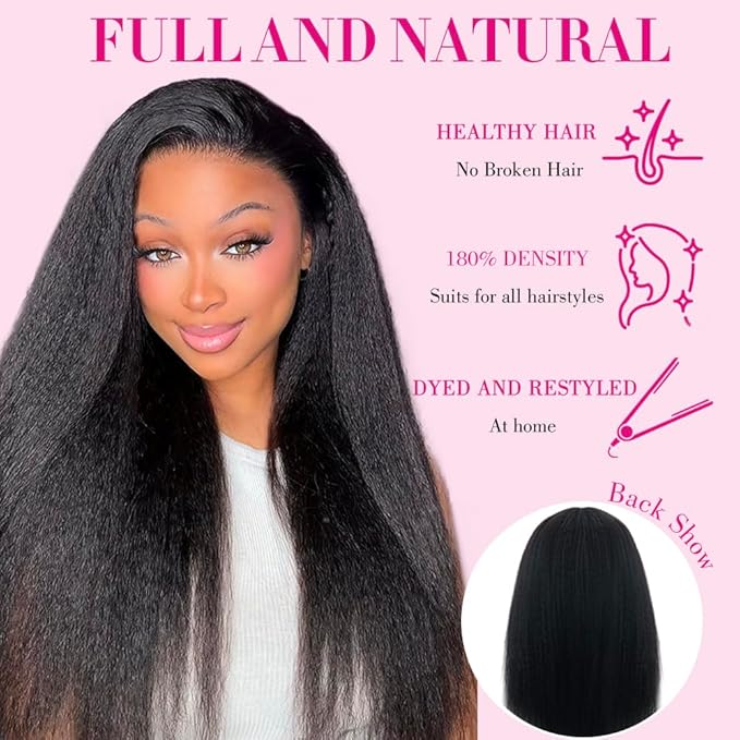 Larhali Kinky Straight V Part Wig Human Hair with Drawstring 200% Density Upgrade Glueless U Part Wig No Leave Out No Sew In V Part Wigs Kinky Straight Human Hair Wigs 20 Inch