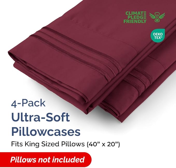 King Pillow Cases Set of 4 - Ultra Soft Hotel Quality Pillowcase Covers - Comfy, Cozy & Wrinkle Free - Shrinkage, Stain and Fade Resistant - Machine Washable Pillow Protectors - 4 Piece Set - Burgundy
