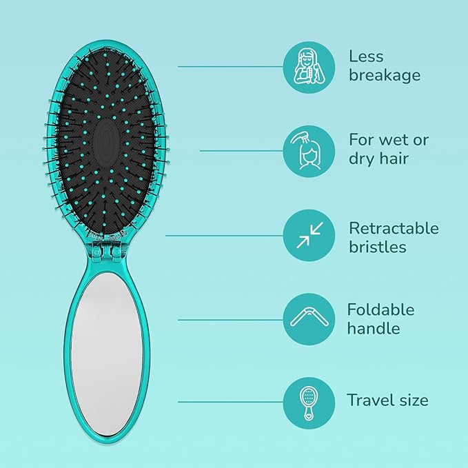 Wet Brush Pop Go Detangler, Blue Teal - Foldable, On-The-Go Design, Travel Brush, Ultrasoft IntelliFlex Bristles, Detangling Hairbrush, Built-In Mirror Handle, Wet & Dry, All Hair Types