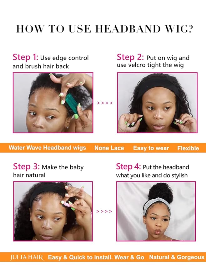 Julia Hair 12A Headband Human Hair Wigs Water Wave None Lace Front Glueless Wig With Pre-attached Scarf for Black Women Curly Deep Wave Put and Go Wig Natural Beginner-Friendly 16 Inch