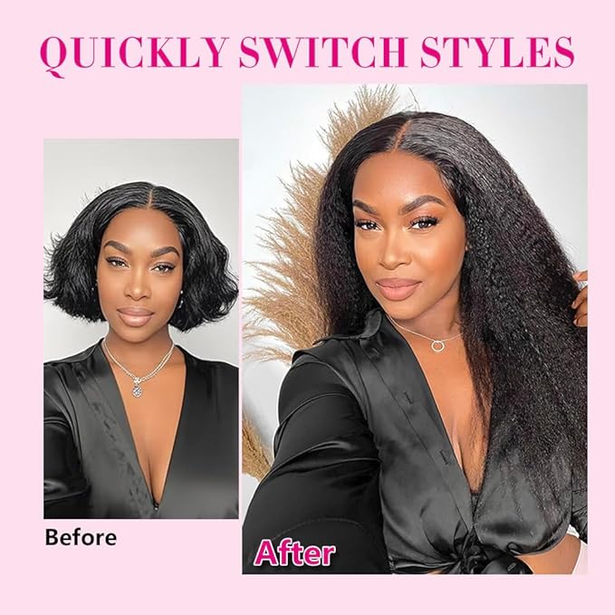 Larhali Kinky Straight V Part Wig Human Hair with Drawstring 200% Density Upgrade Glueless U Part Wig No Leave Out No Sew In V Part Wigs Kinky Straight Human Hair Wigs 16 Inch