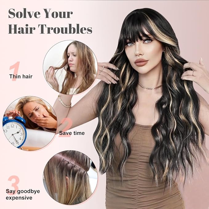 ALXNAN Clip in Hair Extensions for Women, Black Mix Blonde Long Wavy Hair Extensions Clip Ins 4PCS 20 Inch Synthetic Soft and Natural Thick Hair Pieces for Women