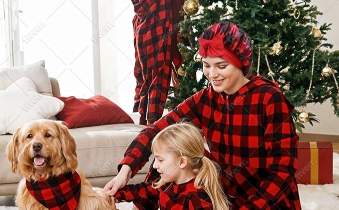 Buffalo Plaid Satin Sleep Bonnet, Double Layer Silky Red and Black Cap with Bow, Adjustable Hair Protection Headwear for Night