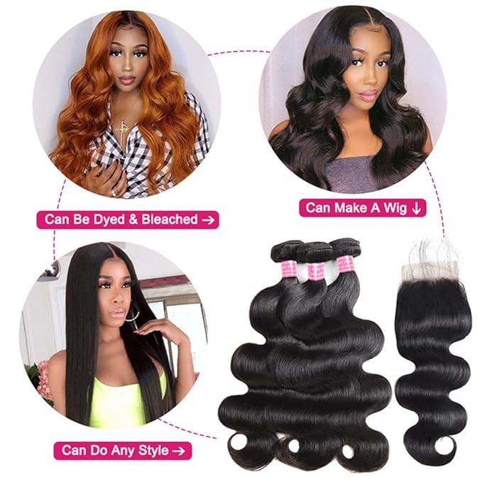 YISEA Body Wave 3 Bundles with Closure(12 14 16+10) 100% Unprocessed Brazilian Body Wave Human Hair Bundles with 4X4 Lace Closure Free Part Natural Color