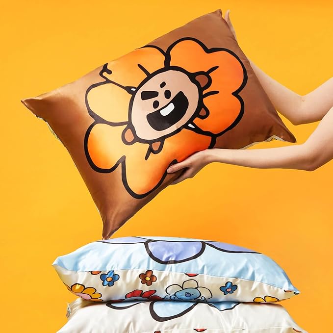 Kitsch x BT21 Satin Pillowcase with Zipper – Better Than Silk Pillowcase, Shooky Character & Funky Floral Print – Soft Cooling Toddler Bed Time Pillow Case for Hair & Skin – Queen/Standard 19x26