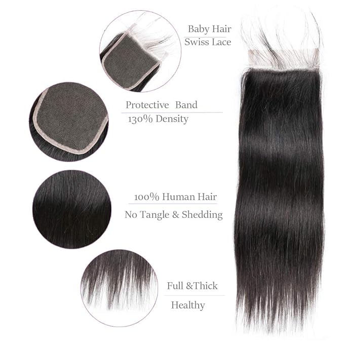 Straight Hair 3 Bundles with Lace Closure (20 22 24 +18 Free Part Closure) Brazilian Virgin Human Hair Weave 100% Unprocessed Human Natural Black Straight Remy Hair Extensions