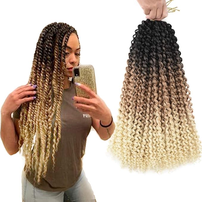 7 Packs Passion Twist Hair 18 Inch Long Water Wave Crochet Synthetic Curly Braids for Passion Twist Crochet Braiding Hair Long Bohemian Curly Hair (18inch, 1B/brown/honey blonde)