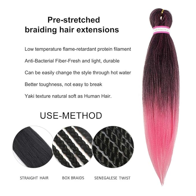 Dorsanee Ombre Pink Braiding Hair Pre Stretched 20 Inch 6 Packs Braiding Hair Extensions for Crochet Box Braids Twists Locs Hair Itch Free Soft Yaki Texture Hot Water Setting (20inch,#1B/Pink)