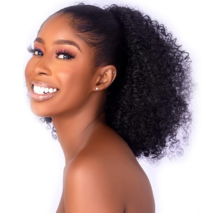 Afro Puff kinky curly Drawstring Ponytail Extension for Black Women Synthetic Short Afro Kinkys Curly Afro Bun Extension Hairpieces Updo Hair Extensions with Two Clips(1B)