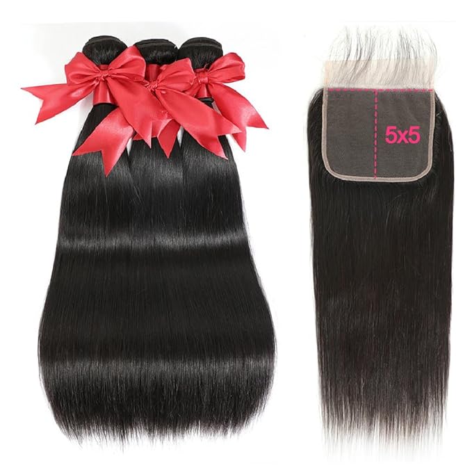 12A Straight Bundles Human Hair with 5x5 Closure 26 28 30+20 Inch Brazilian Human Hair Weave Bundles with 5x5 HD Lace Closure 100% Unprocessed Virgin Hair Extensions