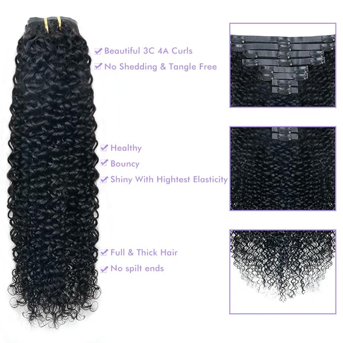 Seamless 3C 4A Kinky Curly Clip In Extension PU Weft Curly Clip in Extension Human Hair Clip Ins Full Head for Black Women Brazilian Remy Human Hair Natural Color 8Pcs with18clips 120g/Set (24 inch)