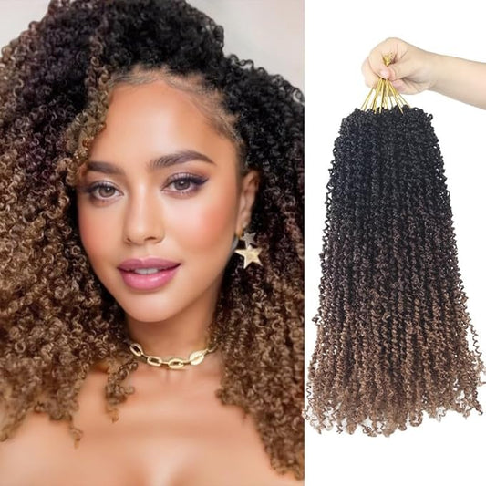 Yanky Twist Crochet Hair, PILLUGER Yaki Twists Hair Micro Spring Twist Braids,9 Packs Pre-looped passion Twist Brown Senegalese With Curls Crochet Synthetic Hair Extensions（14-1B-4-30）