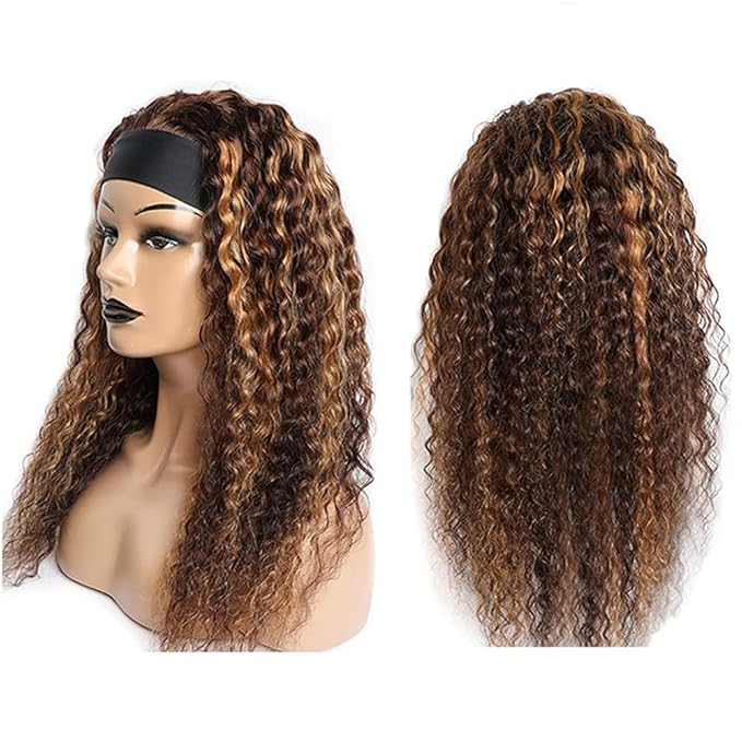 SENSAIRUITE Highlight Ombre Curly Wig Honey Blonde Headband Wig Human Hair 16 Inch Deep Wave 180% Density Glueless Headband Wigs for Black Women