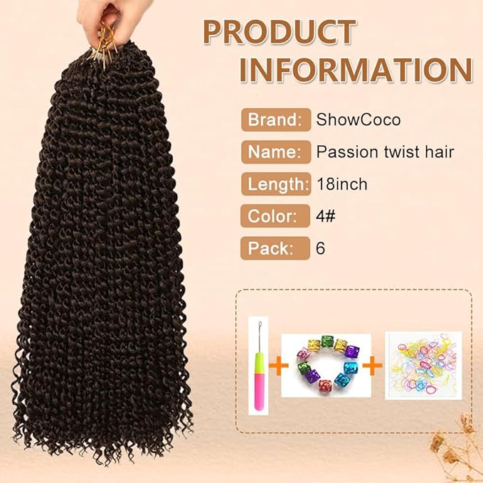 ShowCoco Passion Twist Hair 18 Inch Water Wave Crochet Hair Passion Twists Long Bohemian Hair Synthetic 6 Packs Passion Twist Braiding Hair Extensions (18 Inch, #4)