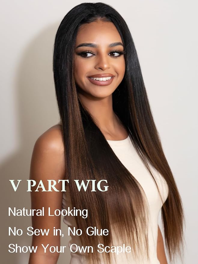 Julia Hair V Part Yaki Glueless Human Hair Wig Seamless Edge Clip in Half Wig Vpart Wigs No Sew in No Glue Ombre Chestnut Brown Upgrade U Part No Leave Out Beginner Friendly 16 Inch