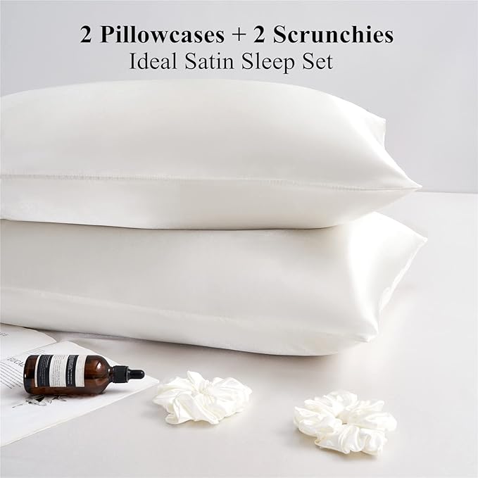 Satin Pillowcase for Hair and Skin, Ivory Silk Pillowcase Queen Size Set of 2 Pack Cooling Satin Pillow Cases with Envelope Closure, Vegan Silk Satin Pillowcase Set with 2 Scrunchies