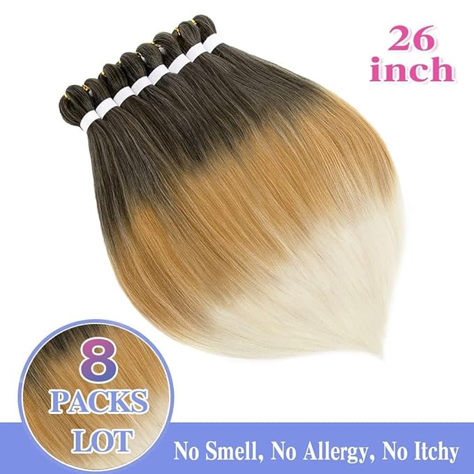 8 Pack Ombre Braiding Hair Pre Stretched - 26" 100G/Pack Premium Pre Stretched Braiding Hair Extensions, Professional Itch Free Perm Yaki Prestretched Hair(1B/27/613)
