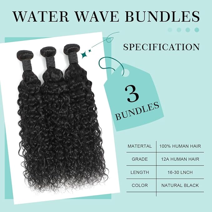 22 22 24 Inch Water Wave Human Hair Bundles Brazilian Virgin Human Hair Bundles 12A Deep Water Wave Bundles 100% Real Human Hair Extensions Natural Black