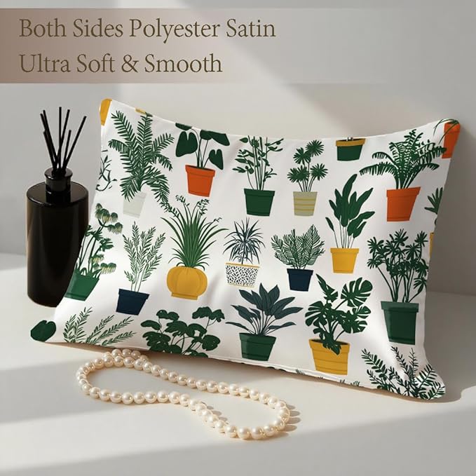 Indoor Plant 1 Pack Satin Pillowcase for Hair and Skin Green Houseplant Imitation Silk Pillowcase with Hidden Zipper Soft Breathable Pillow Cover Standard Size for Bedroom Sofa 20”x26”