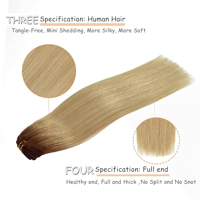 Caliee 14 Inch Clip in Human Hair Extensions R4-18 Ombre Chocolate Brown with Dirty Blonde Silky Double Weft Lace Clip in Hair Extensions Invisible Natural Straight 120G 7 PCS