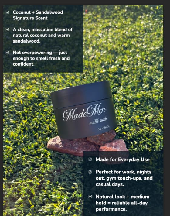 MADEMEN - Matte Paste 3.5oz / Texture paste for hair, Natural looking, non stiff/Easy restyling - Naural Coconut & Sandlewood Scent