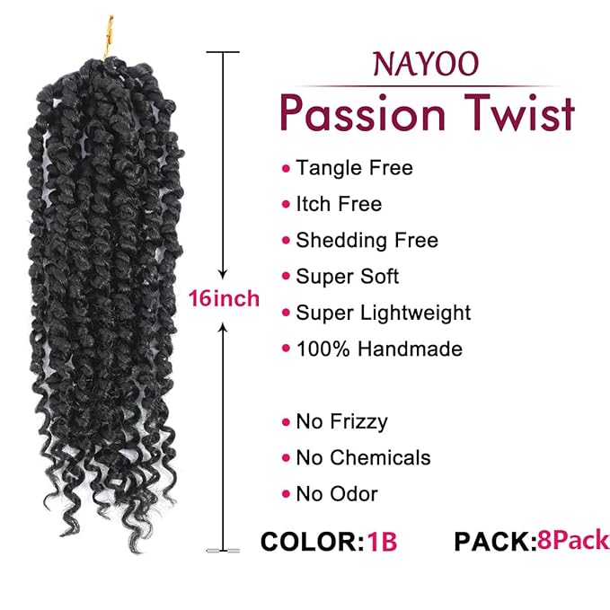 NAYOO Passion Twist Hair - 8 Packs 16 Inch Water Wave Crochet Hair,Passion Twist Crochet Hair For Women Long Passion Twists Synthetic Braiding Hair Extensions(16 Inch 8 Packs,1B)