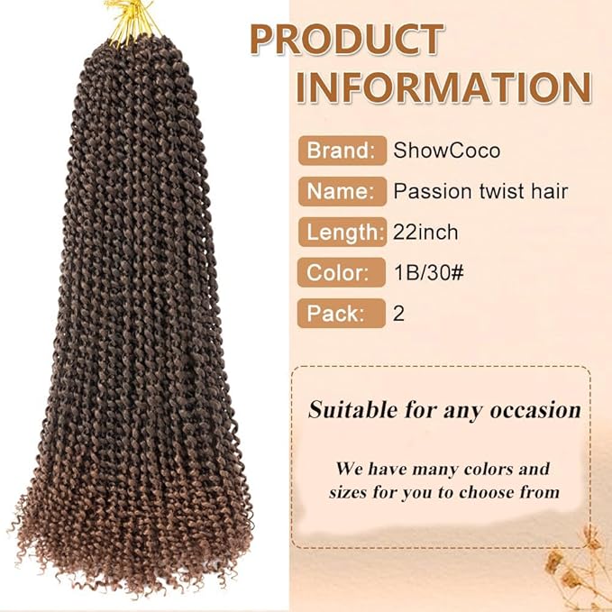 2Packs Passion Twist Hair 22 Inch Passion Twist Crochet Hair For Black Women Water Wave Crochet Braiding Hair Extensions (22 Inch, 1B/30)