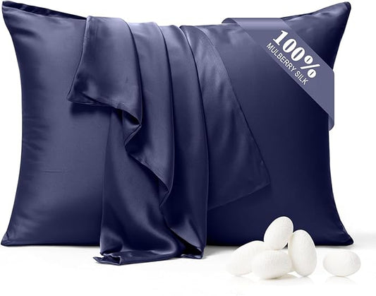 100% Pure Silk Pillowcase 2 Pack for Hair and Skin, Both Sides 23 Momme Grade 6A+ Mulberry Silk Pillowcases with Hidden Zipper, Soft&Smooth Cooling Pillow Cases (Navy Blue, Standard 20x26)
