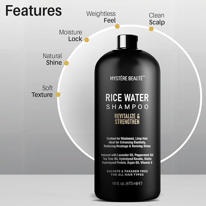 Rice Water Shampoo - Rice Shampoo, Promotes Hair Growth, Revitalizes, Shines and Sheilds from Damage, Infused with Essential Oils, Sulfate & Paraben Free - for Men Women - 16 fl oz