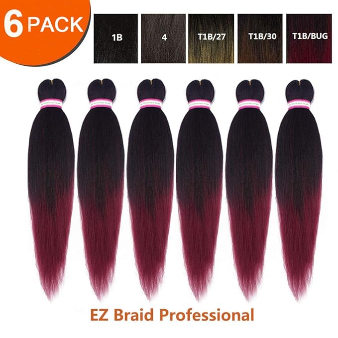 Dorsanee Ombre Burgundy Braiding Hair Pre Stretched 20 Inch 6 Packs Braiding Hair Extensions for Crochet Box Braids Twists Locs Hair Itch Free Soft Yaki Texture Hot Water Setting (20inch,#1B/Bug)
