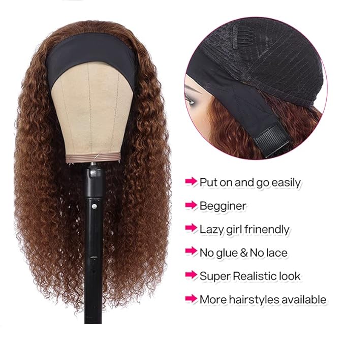 24 Inch #4 Brown Headband Wigs Human Hair Water Wave Wigs for Black Women Brazilian Virgin Hair Glueless None Lace Front Half Wig Wear and Go Chocolate Brown Headband Wigs Human Hair