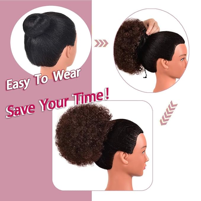 rosmile Afro Puff Drawstring Ponytail Extension for Black Women, Premium Deep Brown #33 80 Gram Short Synthetic Afro Puff Ponytail for Natural Hair, Clip On Kinky Drawstring Curly Ponytail Bun