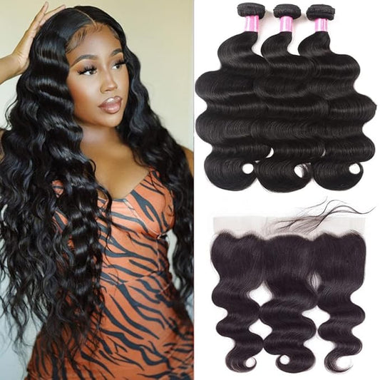 YISEA Brazilian Body Wave Bundles with Lace Frontal (20 22 24+18 Frontal) 100% Unprocessed Human Hair 3 Bundles with 13x4 Lace Closure Frontal Braziian Virgin Human Hair