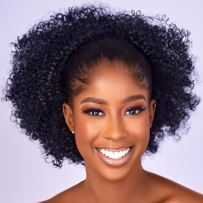 Afro Puff kinky curly Drawstring Ponytail Extension for Black Women Synthetic Short Afro Kinkys Curly Afro Bun Extension Hairpieces Updo Hair Extensions with Two Clips(1#)