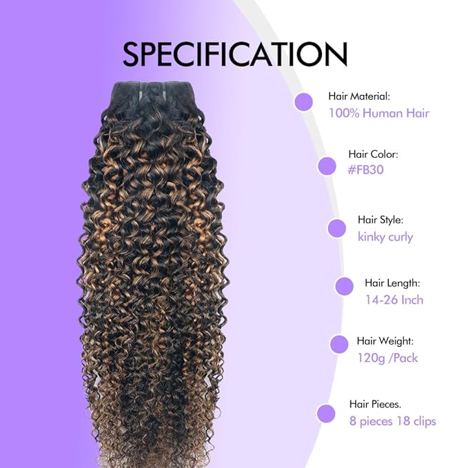 FB30 Highlight Ombre Curly Clip In Extension Human Hair 3C 4A Kinky Curly Clip Ins Full Head for Black Women Brazilian Remy Human Hair Balayage Brown 8Pcs with18clips 120g/Set (14 inch)