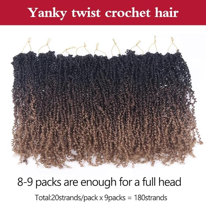 Yanky Twist Crochet Hair, PILLUGER Yaki Twists Hair Micro Spring Twist Braids,9 Packs Pre-looped passion Twist Brown Senegalese With Curls Crochet Synthetic Hair Extensions（14-1B-4-30）