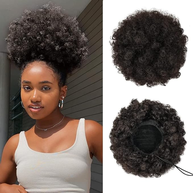YEAME Afro Puff Drawstring Ponytail for Black Women, Short Kinky Curly Afro Ponytail Synthetic Hair Puffs, Premium Brown Afro Bun Drawstring Ponytail for Women Girls (2 Black Brown)