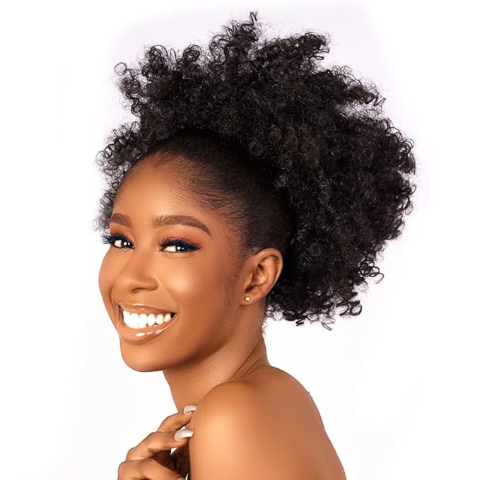 Afro Puff kinky curly Drawstring Ponytail Extension for Black Women Synthetic Short Afro Kinkys Curly Afro Bun Extension Hairpieces Updo Hair Extensions with Two Clips(1#)